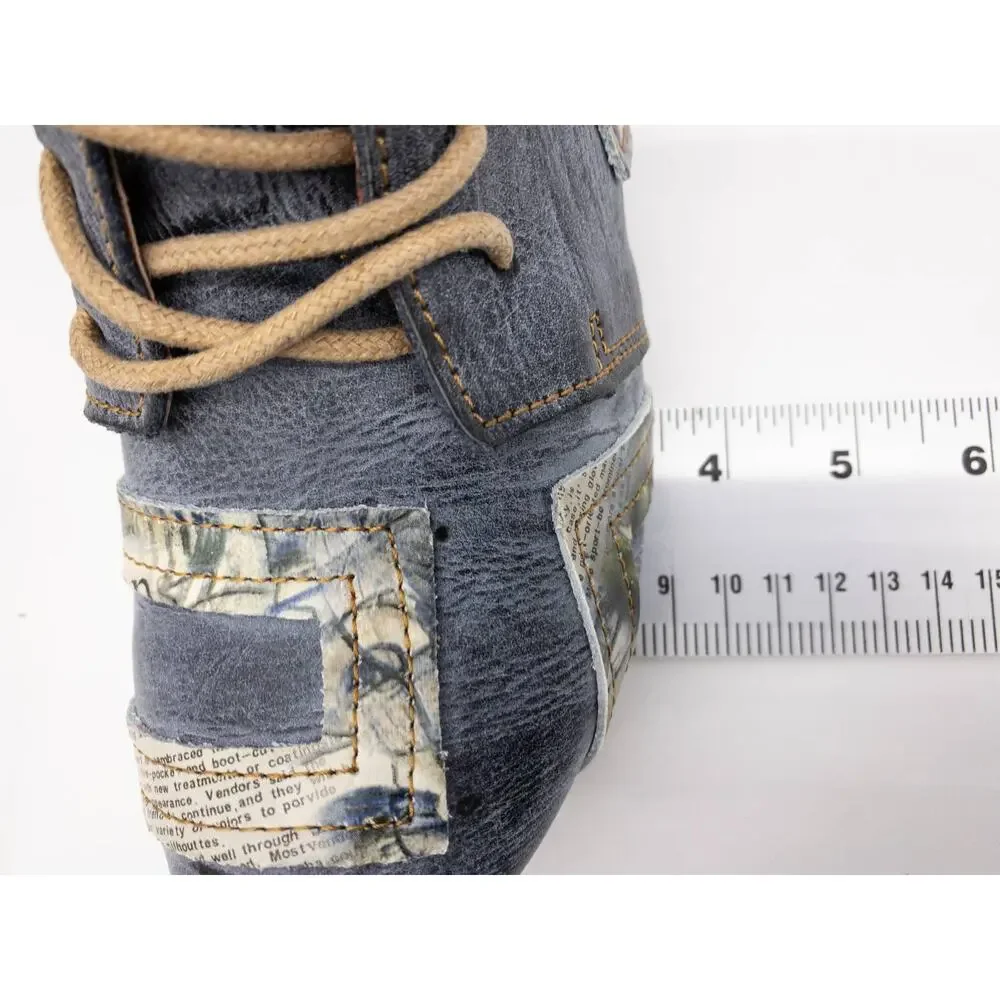 TMA EYES Distressed Boho Newsprint Layered Leather Heeled Ankle Boots 7 Women's